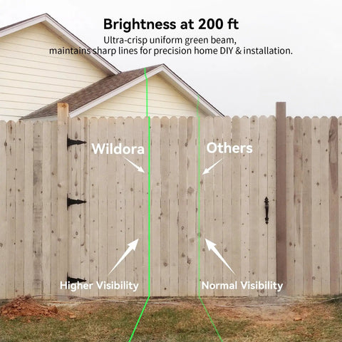 Comparative view of green laser beam visibility at 200 ft on fence using Laser Level With Tripod And Remote, 4x360 Degree Self Leveling Green Laser Leveler Tool, 16 Line Coverage, Bright Daylight Visible, Accuracy About 0.04 Inch At 26 Feet, Includes 2x4800mAh Li Ion Batteries And Hard Carry Case.