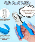 Adjustable Handheld Circle Hole Punch For Crafts And Scrapbooks With Blue Soft Grip One Quarter Inch And One Eighth Inch Heads Easy To Use For Tags Tickets Home Office And Classroom Projects Durable Metal Construction in hand