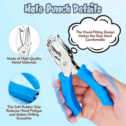 Adjustable Handheld Circle Hole Punch For Crafts And Scrapbooks With Blue Soft Grip One Quarter Inch And One Eighth Inch Heads Easy To Use For Tags Tickets Home Office And Classroom Projects Durable Metal Construction in hand