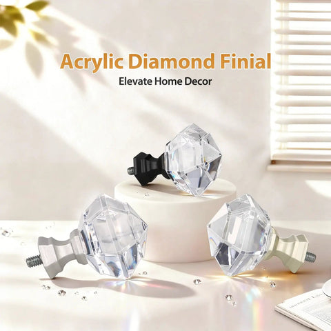 Acrylic diamond finials displayed in sunlight, part of the Adjustable Curtain Rod Set For Windows 20 To 53 Inches And Telescoping 32 To 58 Inch Splice Rod, Three Quarter Inch Diameter, Decorative Acrylic Diamond Finials In Champagne Gold, Easy Install, Elegant Drapery Hardware For Modern Windows.