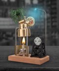Mini Three Legged Vertical Swing Steam Engine Kit With Boiler And Power Generating Units, brass model on wooden base with flame