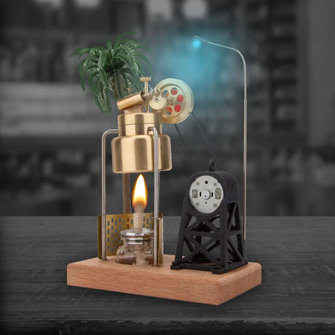 Mini Three Legged Vertical Swing Steam Engine Kit With Boiler And Power Generating Units, brass model on wooden base with flame