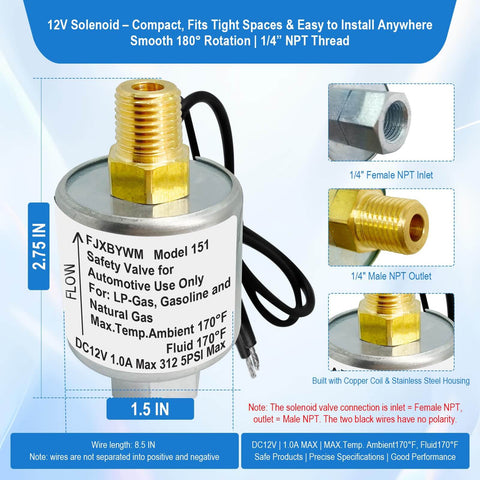 12 Volt Propane Solenoid Valve With One Quarter Inch NPT Inlet And Outlet, Lock Off Valve, shown with copper coil and fittings