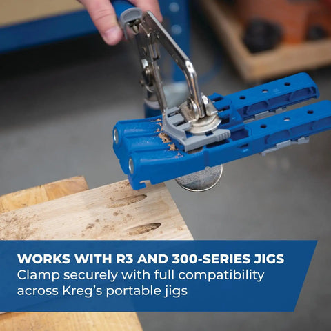 Heavy Duty Three Inch Face Clamp For Woodworking squeezing a wood piece on a workbench during pocket hole setup.