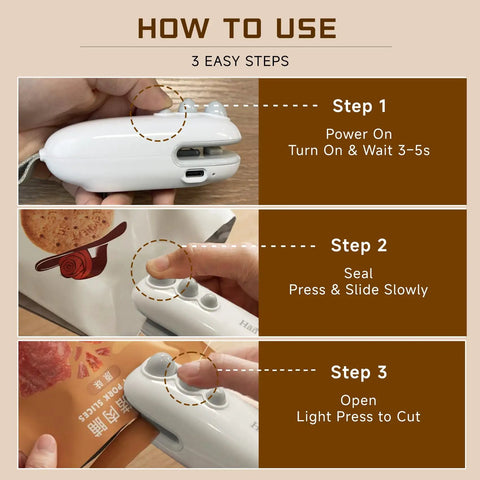 How to use 2 In 1 Bag Sealer With Cutter Portable Rechargeable Heat Sealer With Magnetic For Chips Snacks And Plastic Bags Fast Warm Up Reseal Bags On The Go No Mess Keeps Fresh Snacks Crunchy White