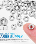 250Pcs Stainless Steel Hex Nuts And Machine Fasteners Pack Shop Drawer Staple For Garage Fixes And Weekend Builds Heavy Duty Metric M4 Hardware Built Tough To Hold Steady Through Rough Jobs, assorted hex nuts with one held in a finger.