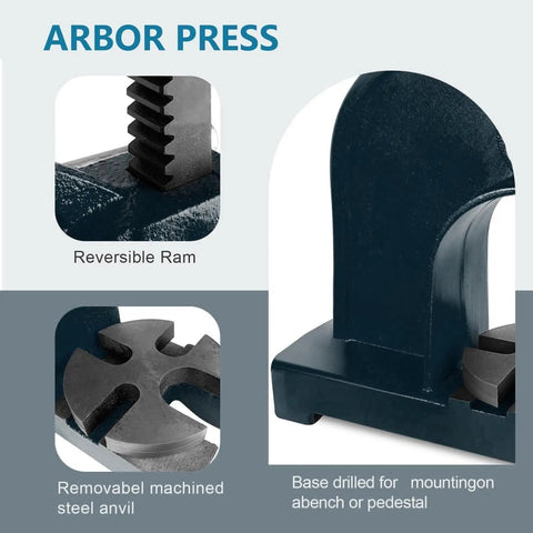 Close-up of Tough As Nails Heavy Duty Desktop Arbor Press showing reversible ram and removable machined steel anvil.