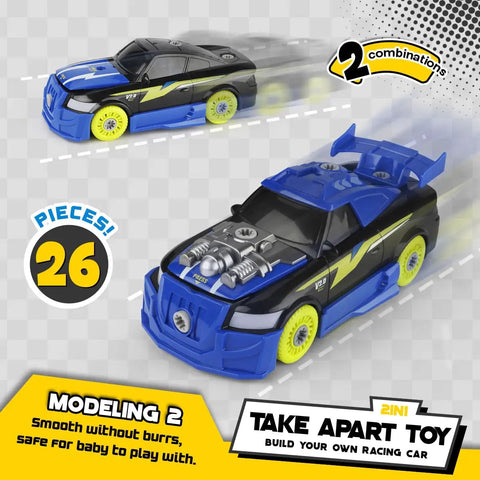 26 Piece Take Apart Racing Car Set With Electric Drill Lights And Sounds Hands On STEM Building Toys For Kids shown in blue and black models.