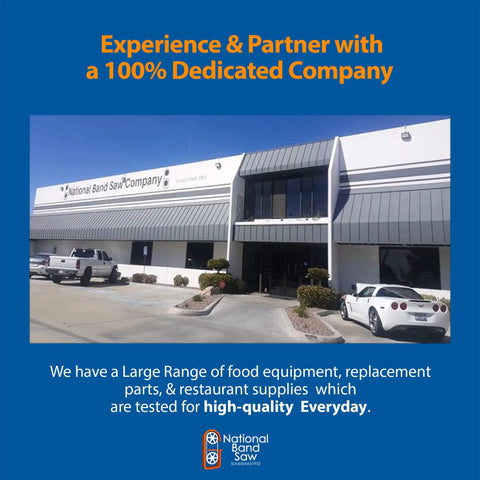National Band Saw Company building with "Experience & Partner" slogan on blue background.