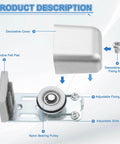 Diagram of 4 Pack Sliding Barn Door Floor Guide Set with components labeled, including felt pads and silver finish.