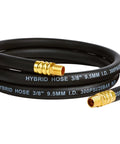 Heavy Duty Air Compressor Lead Hose 3/8 Inch X 6 Feet Kink Free Flex Tubing With 1/4 Inch Quick Coupler Plug Kit And Bend Stoppers Solid Brass Fittings Built Tough And Ready To Roll Black on a white background.