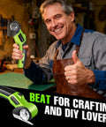 4V Cordless Electric Scissors With 2600mAh Battery, Rechargeable Box Cutter For Cardboard, Fabric, Plastic, Leather & Cloth, Safety Lock, Led Light, Dual Blades Perfect For Diy Crafts & Moving in a craftsman’s hand with a thumbs up.