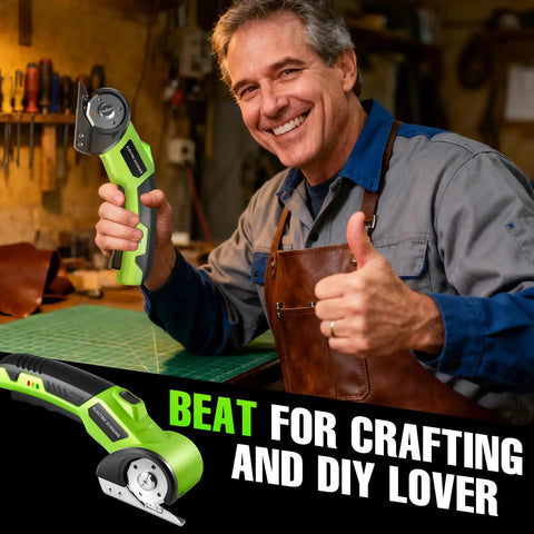 4V Cordless Electric Scissors With 2600mAh Battery, Rechargeable Box Cutter For Cardboard, Fabric, Plastic, Leather & Cloth, Safety Lock, Led Light, Dual Blades Perfect For Diy Crafts & Moving in a craftsman’s hand with a thumbs up.