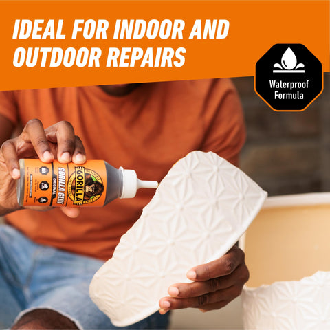 Brown Waterproof Polyurethane Glue 8 Oz Heavy Duty All Purpose Adhesive That Expands Into Materials For A Beastly Ultra Strong Bond On Wood Metal Ceramic And More being applied to a white textured surface for repairs.