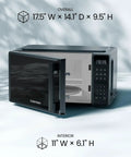 No Sweat Compact Countertop Microwave Oven 0.7 Cubic Foot 700 Watts, black, with open door, showing interior and control panel.