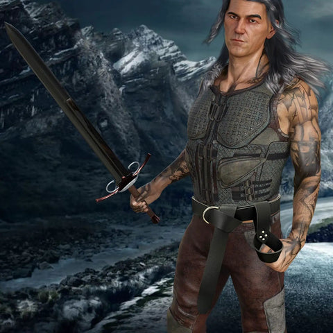 Dope Medieval Belt With Sword Sheath Leather Viking Belt And Frog Scabbard Set worn with sword, mountains in background.