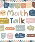 Math Talk Bulletin Board Set For Classrooms With Style 43 Pieces Including 27 Sentence Starters 16 Decorative Borders And 3 Sheets Of Adhesive Dots To Get Kids Talking Math For Elementary And Middle School, boho design with math prompts.