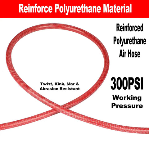 Reinforced Polyurethane Air Hose 1/4 inch diameter, 25 feet long, rated 300 PSI, resistant to twists and kinks.