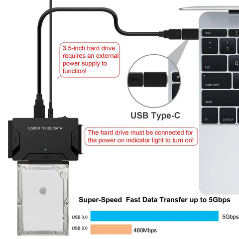 3 In 1 Universal Hard Drive Adapter For 2.5 And 3.5 Inch SATA IDE HDD SSD To USB 3.0 Reader, Up To 5Gbps, Fast Data Transfer, Backup And Recovery, Dual Head IDE 40 44 Pin, Supports CD DVD Optical Drives, USB Type-C cable connected to laptop