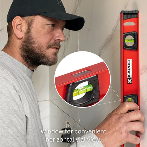 Twenty Four Inch I Beam Level Featuring Rock Solid Aluminum Frame And Vivid Cylindrical Vials For Dead On Horizontal And Forty Five Degree Checks Plus Sturdy Side Handles With Heavy Duty Rubber Bumpers
