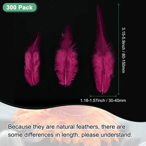 Bulk 300 Pack Saddle Hackle Rooster Feathers 3 To 6 Inches Natural Fluffy Wine Red showing size variations