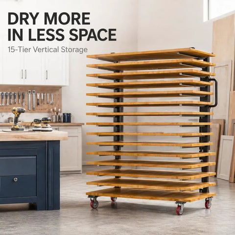 Built Tough 15 Tier Paint Drying Rack For Cabinet Doors And Wood Panels Heavy Duty Steel Rack with 15 shelves in a workshop.