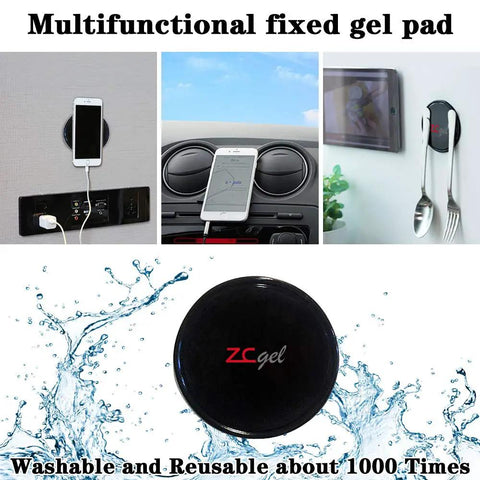 Multifunctional fixed gel pad holding phone in car, home, and kitchen settings with washable reusable feature, black design.