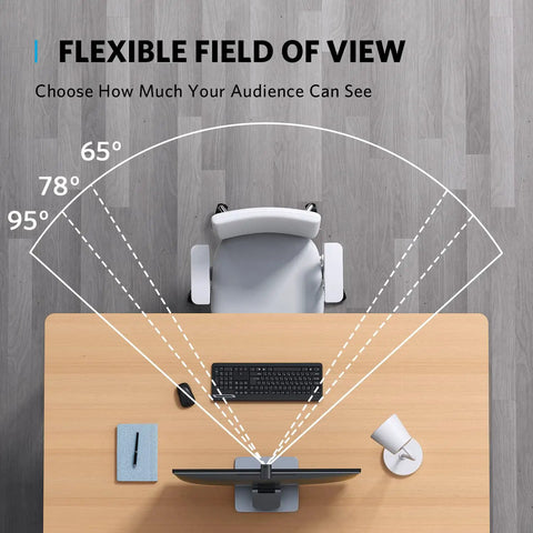 Flexible field of view graphic showing angles for No Fuss Plug And Play 2K Webcam With Reliable Low Light Fix And AI Noise Blocking Dual Mics.