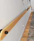 Adjustable Pine Wood Curtain Rod And Railing Support Kit For Indoor Outdoor Wall Mount Deck Patio Balcony Hardware Heavy Duty No Sweat Assembly Smooth Finish, mounted on a staircase wall.