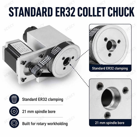 Kick Your CNC Router Setup Right Up With This Heavy Duty 4th Axis Rotary Table Boasting A NEMA 57 Stepper Motor ER32 Collet Chuck And Buttery Smooth Spinning Hollow Shaft Ideal For Cylindrical Engraving Milling And Custom Fabrication Jobs: ER32 collet chuck with 21mm spindle bore for rotary workholding.