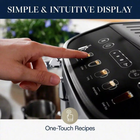 Close-up of a hand using the touch display on a Magnifica Evo Automatic Espresso And Coffee Machine With Built In Grinder And Auto Clean Function Manual Milk Frother Delivers Latte Cappuccino Americano And Iced Coffee With Five One Touch Drinks.