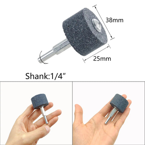 Five Pack Pro Grade Abrasive Stone Grinding Wheels With One Quarter Inch Shank One And A Half Inch By One Inch Aluminum Oxide Mounted Grinding Wheel Set For Drill Grinder And Rotary Tool Polishing And Sharpening, close-up of wheel