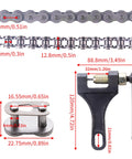 Front and side views of 415H-110L chain with breaker tool and master-link press for small-engine bikes; metal silver