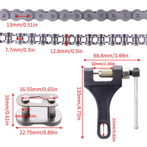 Front and side views of 415H-110L chain with breaker tool and master-link press for small-engine bikes; metal silver