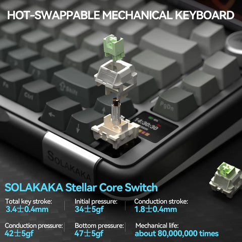 Hella Smooth Tri Mode Wireless Mechanical Keyboard With Smart Lcd Panel And Twist Knob, showing SOLAKAKA Stellar Core Switch.