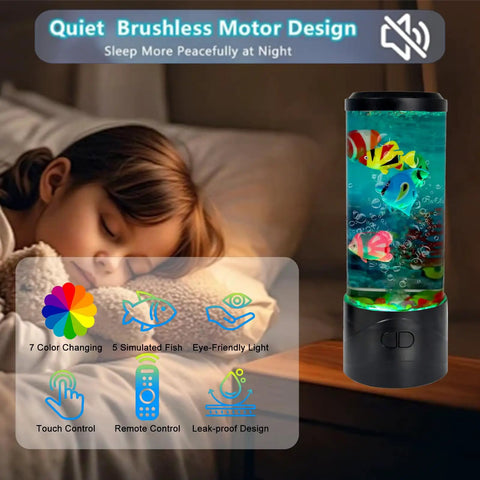 Jellyfish USB Night Light Mood Lamp With 7 Color Changing Modes Realistic Aquarium Scene next to sleeping child.