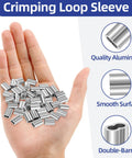 Heavy Duty Aluminum Crimping Loop Sleeve For Wire Rope And Cable Ends One Quarter Inch Six Millimeter Ferrules Crimp Sleeves For Cable Line Ends Durable Marine Outdoor Gear 50 Pack double-barrel sleeves in hand