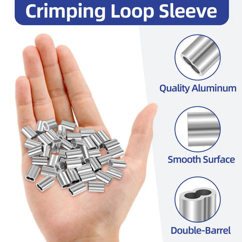 Heavy Duty Aluminum Crimping Loop Sleeve For Wire Rope And Cable Ends One Quarter Inch Six Millimeter Ferrules Crimp Sleeves For Cable Line Ends Durable Marine Outdoor Gear 50 Pack double-barrel sleeves in hand