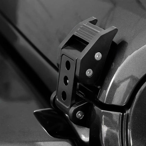 Black finish Beefed Up Aluminum Hood Lock Latch Kit for Jeep Wrangler JK JKU JL JLU Gladiator JT Vehicles, close-up view