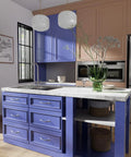 Modern kitchen with blue cabinets featuring Brushed Nickel Cabinet Pulls 10 Pack Arch Twisted Drawer Handles 3 Inch Hole Center 76mm.