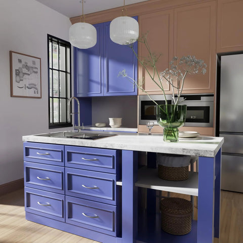 Modern kitchen with blue cabinets featuring Brushed Nickel Cabinet Pulls 10 Pack Arch Twisted Drawer Handles 3 Inch Hole Center 76mm.