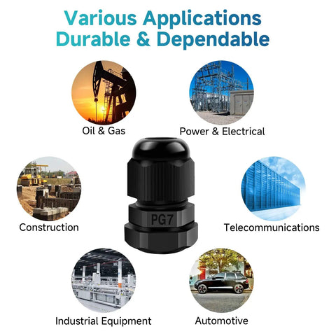 Waterproof Cable Gland Kit 32 Piece Set Adjustable Black Connectors PG7 shown in oil, electrical, construction, telecom, industrial, automotive use
