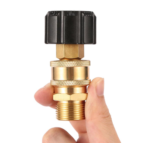 Brass pressure washer quick-connect adapter with black plastic handle; M22 14mm to 3/8 inch