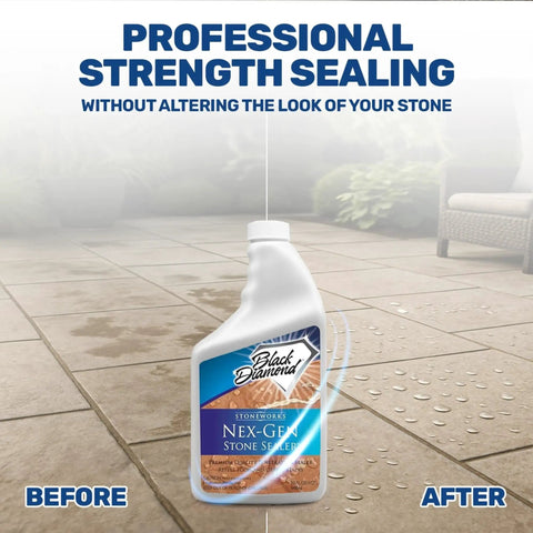 Nex Gen Natural Stone Penetrating Sealer bottle on wet vs dry patio stones showing sealing effect on granite surfaces.