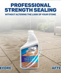 No Sweat Heavy Duty Natural Stone And Grout Penetrating Sealer For Granite Marble Concrete And Tile Floors Deep Water Oil And Grease Shield 4 Gallon showcased before and after application on patio tiles.