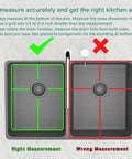 Diagram of correct and incorrect measuring for Stainless Steel Kitchen Sink Grid Protector For Bottom Of Sink 26 Inches Long By 14 Inches Wide With 4.9 Inch Center Drain Hole No Fuss Durable Anti Scratch Sink Mat Rack Shield To Keep Your Sink Safe Drains Clear And Clean.