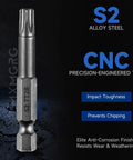 5 Point Security Torx Bit Set, S2 alloy steel TT28 driver bit with CNC precision-engineered tips, impact toughness features.