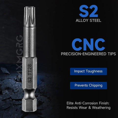 5 Point Security Torx Bit Set, S2 alloy steel TT28 driver bit with CNC precision-engineered tips, impact toughness features.