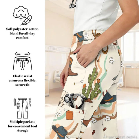 Women Western Cowboy Print Scrubs Set With Deep Multi Pocket Elastic Waist Healthcare Uniforms For Nurses And Dental Assistants Designed For Go Getter Days And Ride Or Die Comfort, showing elastic waist and side pocket detail.