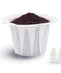 Disposable Coffee Filters 100 Count For Single Serve Brewers 1.0 And 2.0 White Paper filled with ground coffee